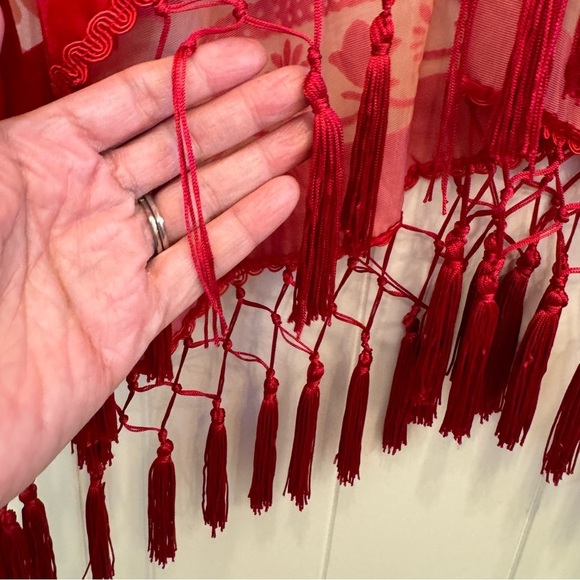 Free People Shawl, Coat, Tassel, Red/Cream, One Size - Picture 6 of 8